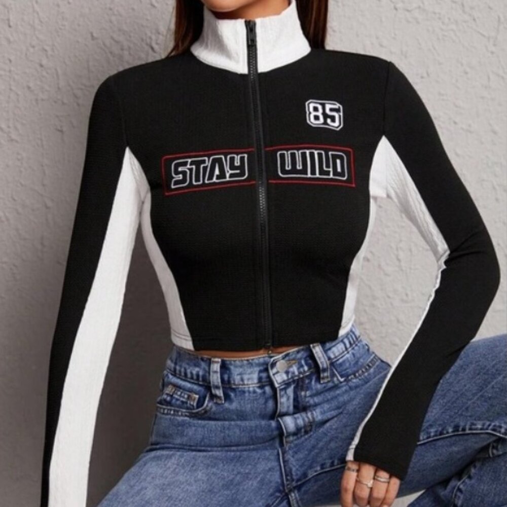 SHEIN EZwear Letter Graphic Two Tone Zip Up Crop Jacket - Small - Picture 1 of 11